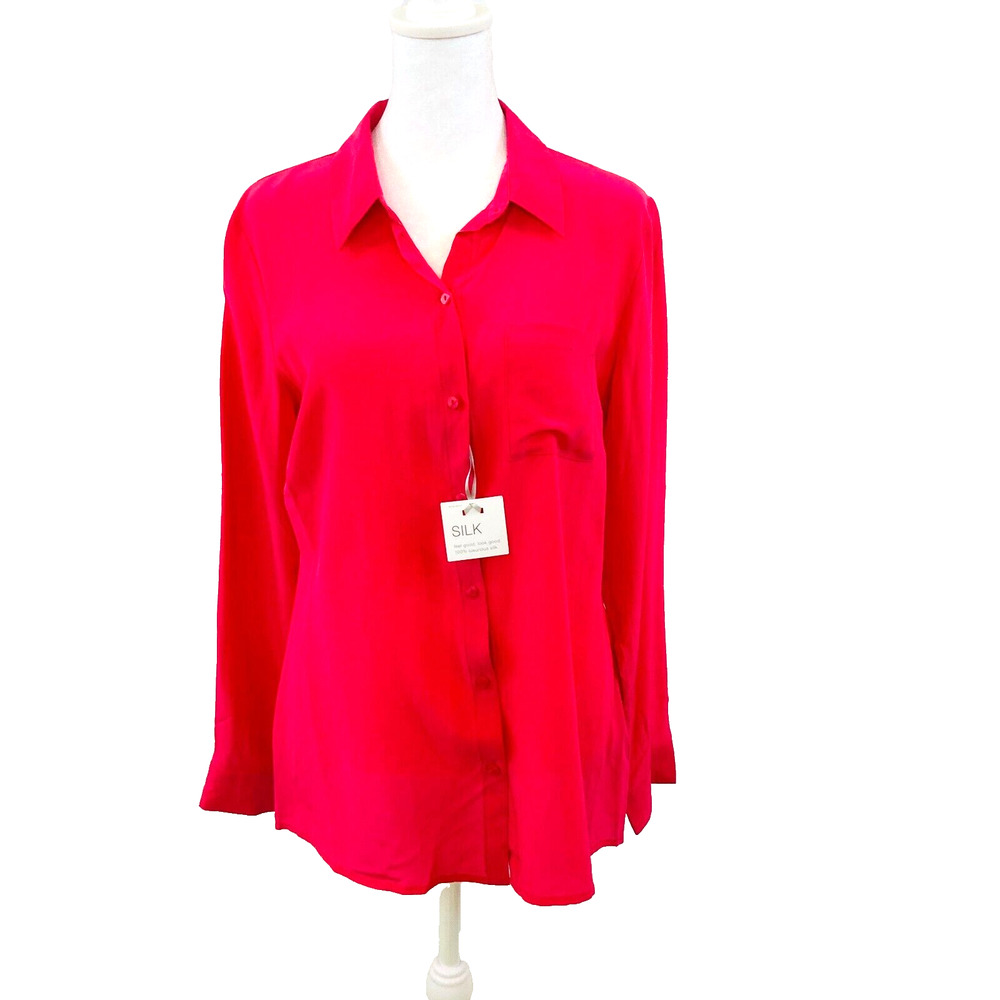 Worthington Women Top Medium Silk Pink Button Front Tunic Shirt Blouse